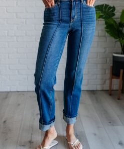 Campbell High Rise Center Seam Detail Straight Jeans - Fashion Are Us