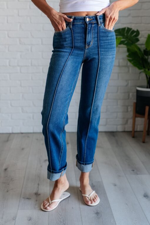 Campbell High Rise Center Seam Detail Straight Jeans - Fashion Are Us