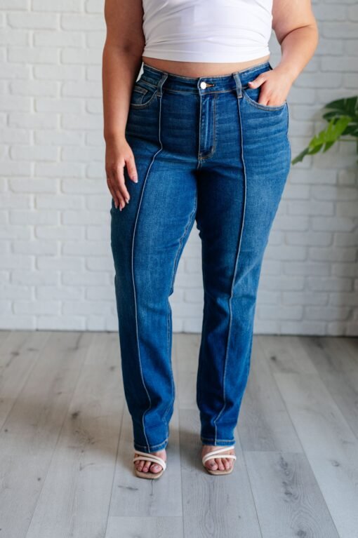 Campbell High Rise Center Seam Detail Straight Jeans - Fashion Are Us