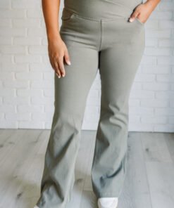 Building Habits Twill Flared Crossover Waist Pant in Dusty Olive Ave Shops