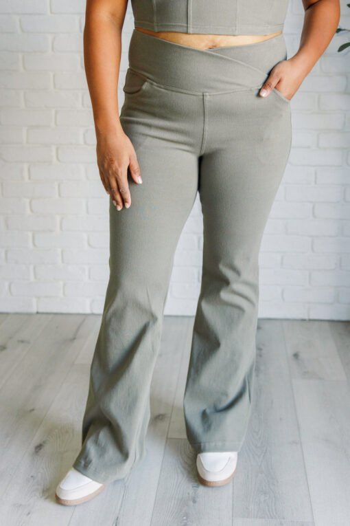 Building Habits Twill Flared Crossover Waist Pant in Dusty Olive Ave Shops