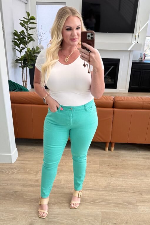 Bridgette High Rise Garment Dyed Slim Jeans in Aquamarine - Fashion Are Us