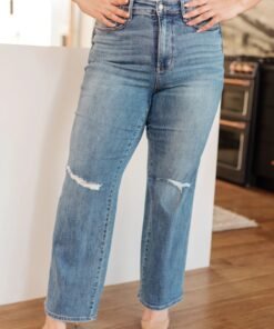 Bree High Rise Control Top Distressed Straight Jeans - Fashion Are Us, LLC