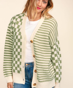 Button Down Checker Stripe Sweater Cardigan Ave Shops