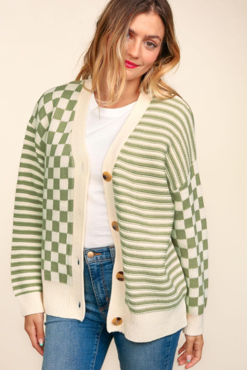 Button Down Checker Stripe Sweater Cardigan Ave Shops