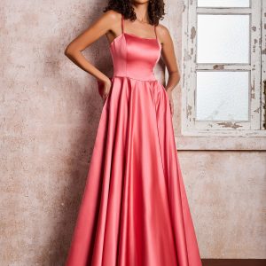 Square Neck Spaghetti Straps Satin Dresses with Bow Watermelon